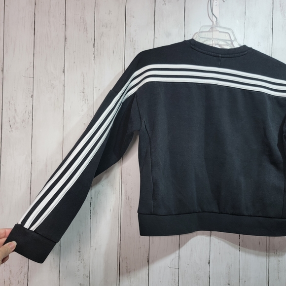 Adidas Women's Black Cotton Blend Cropped Sweatshirt Size Medium Stripes Pockets - Picture 9 of 9